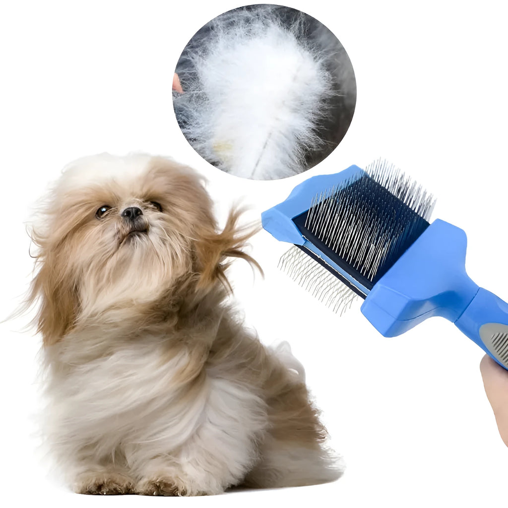 Double-sided pet brush showing stainless steel pins on one side and soft bristles on the other, with blue handle.