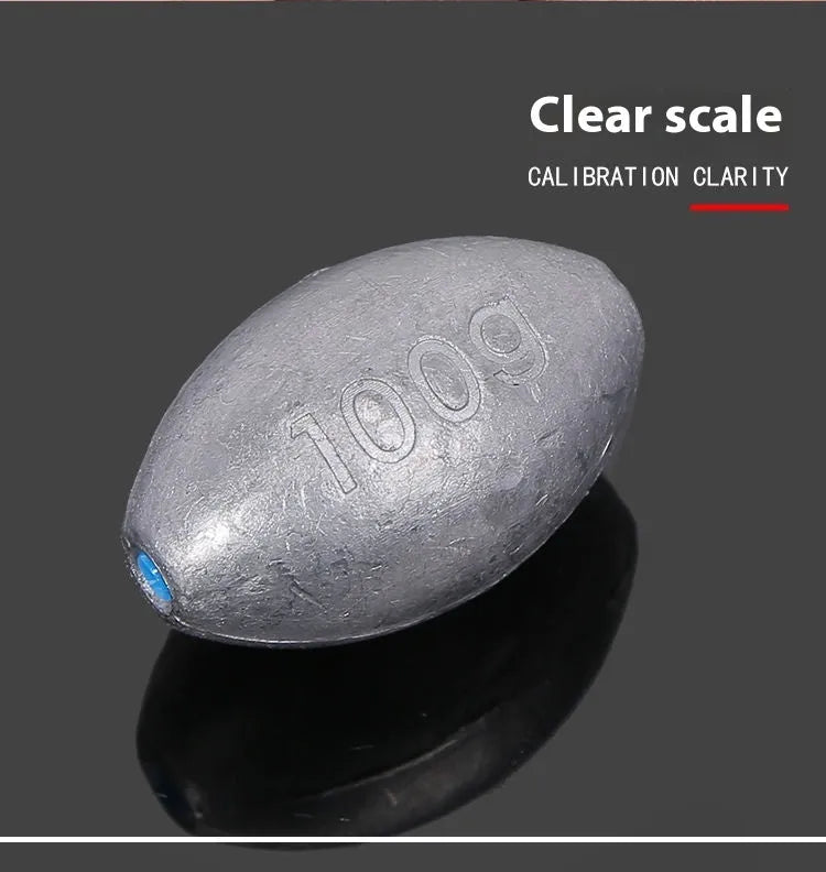 Olive green rugby-shaped fishing sinker with scale texture, showing plastic core construction and weight markings.