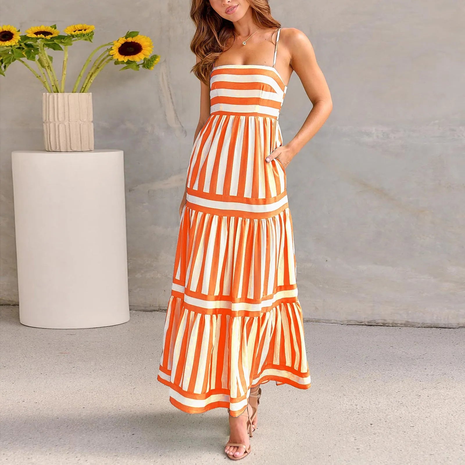 Women's striped backless summer dress with suspender straps and side pockets in polyester spandex fabric