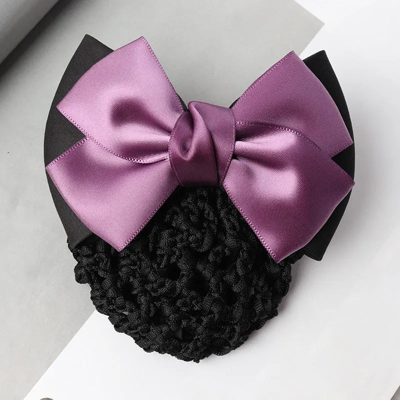 Professional waitress hair net with double bow clip in various colours including black, red, and blue mesh