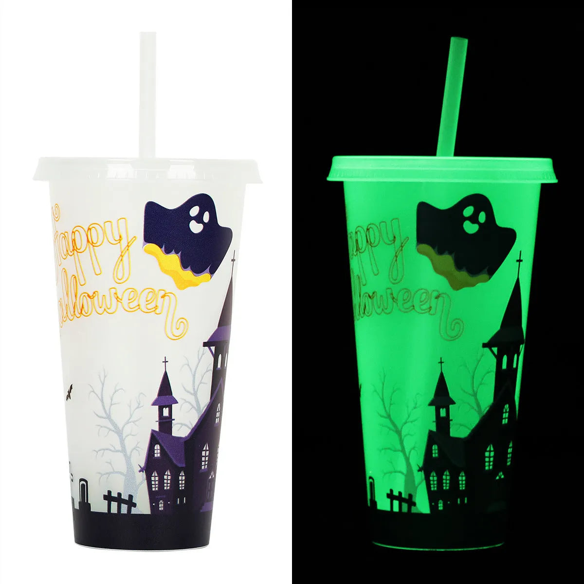 720ml plastic Halloween sippy cup with luminous straw showing cylindrical shape and six colour options