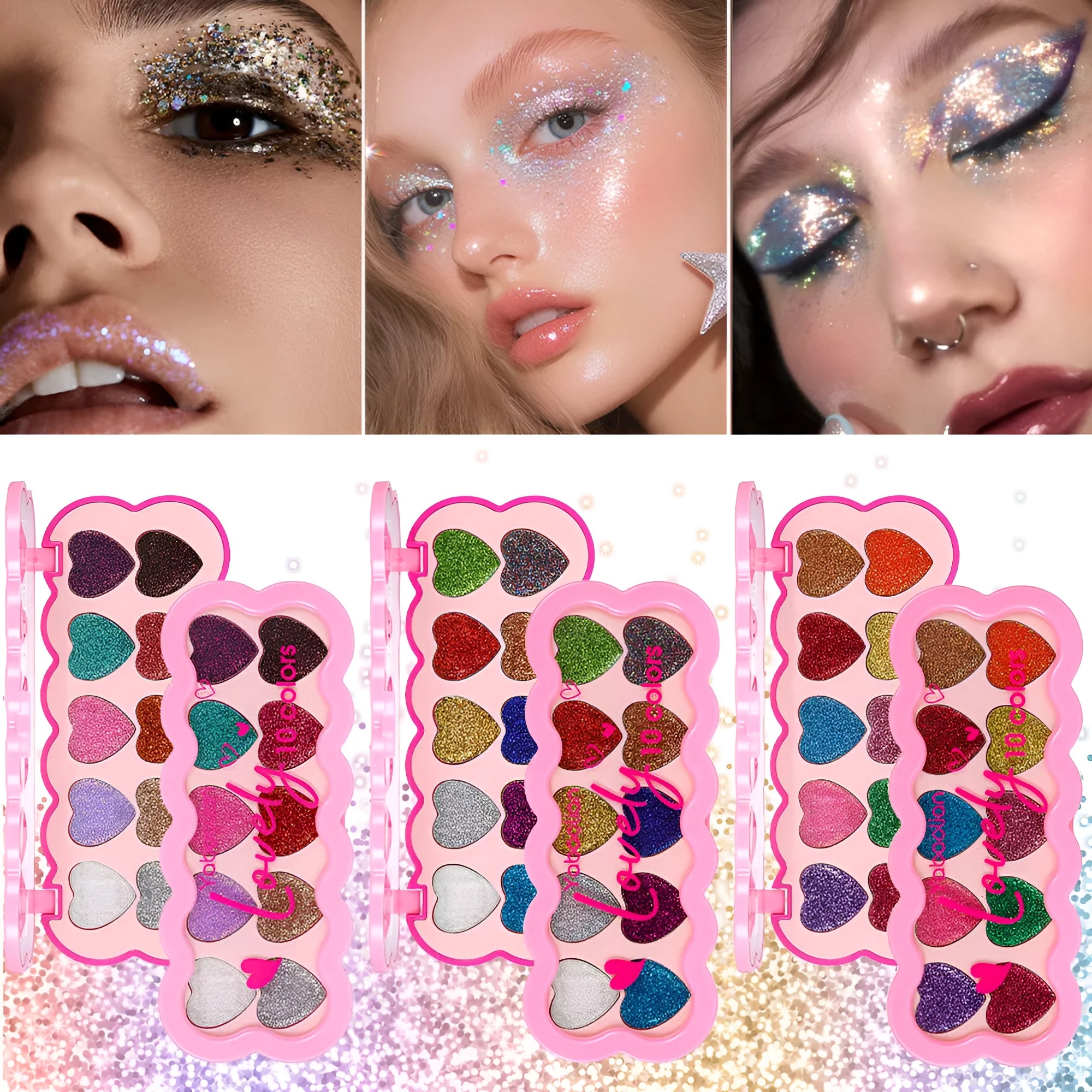 Heart-shaped case open to show ten eyeshadow pans in white, beige, pink, purple, brown, blue, black, royal blue, maroon, and coral.