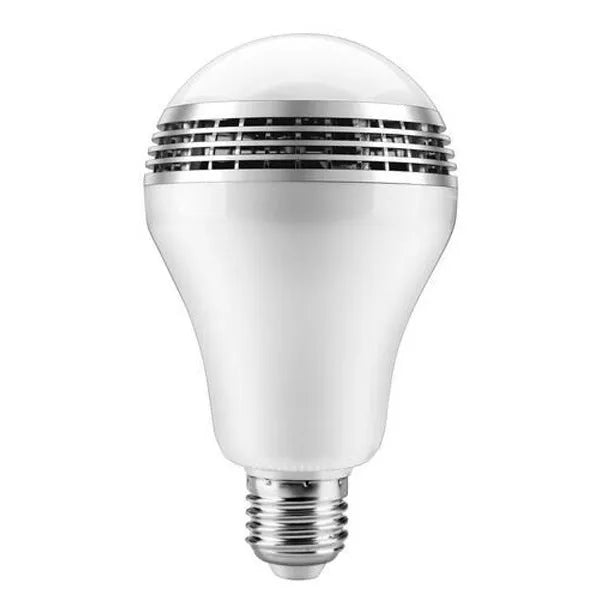 Smart E27 LED light bulb with integrated Bluetooth speaker for coloured lighting and music.