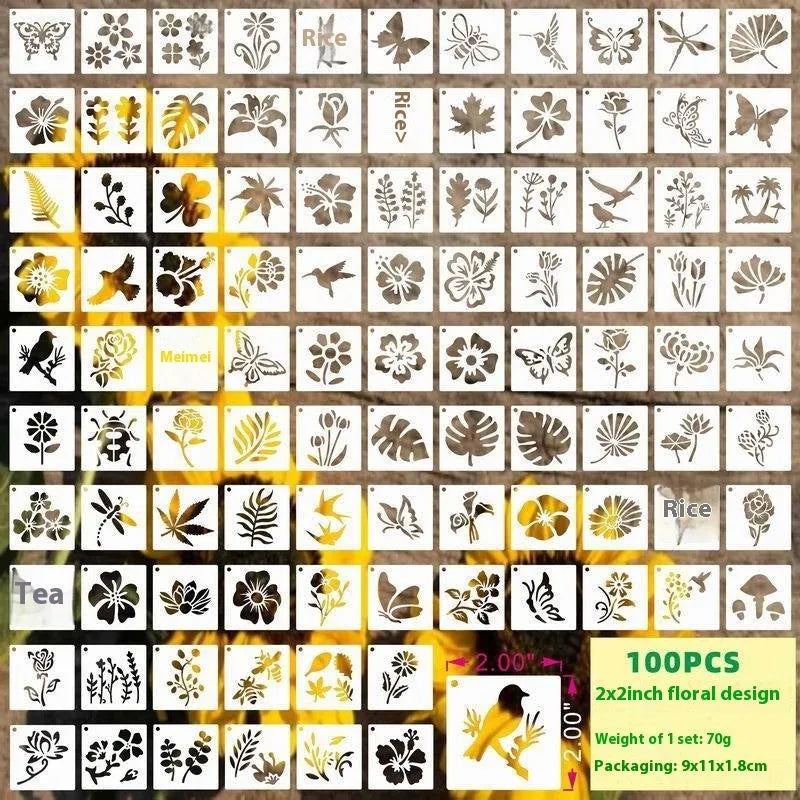 Milky white PET film craft stencils showing hollow cut-out designs of animals, flowers, letters, and ocean themes.