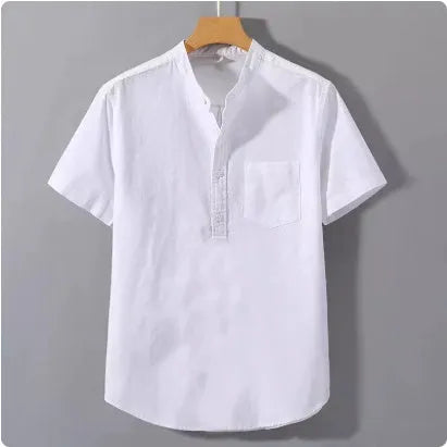 Men's beige loose-fit linen short sleeve shirt with a stand collar on a hanger.