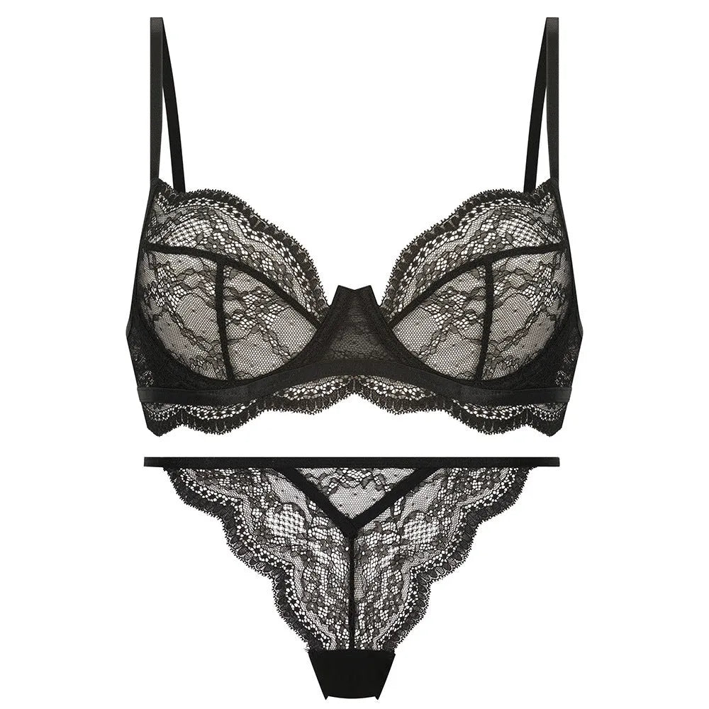 Women's black French bra and bikini set with fixed double-shoulder straps