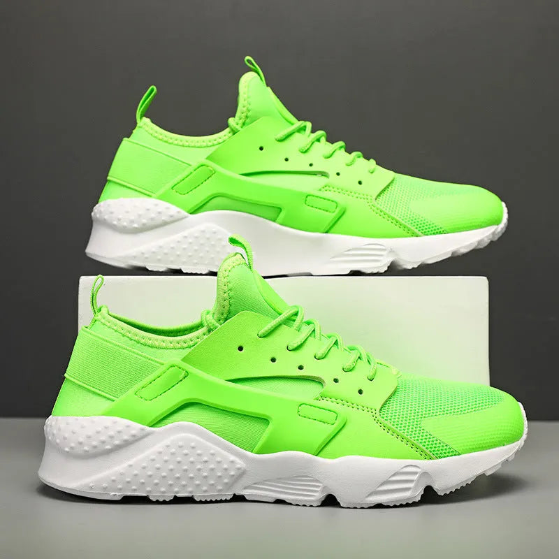 Men's low top casual shoes with cross shoulder straps in fluorescent red, green, or yellow.