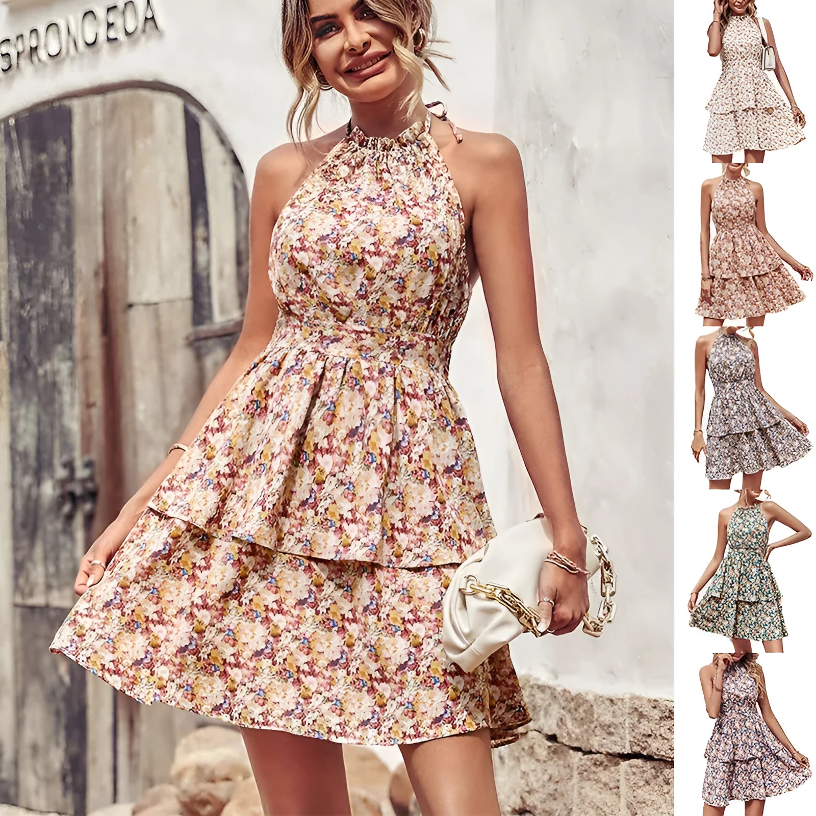 Women's boho-style backless halter dress with ruffled A-line skirt in a printed pattern.