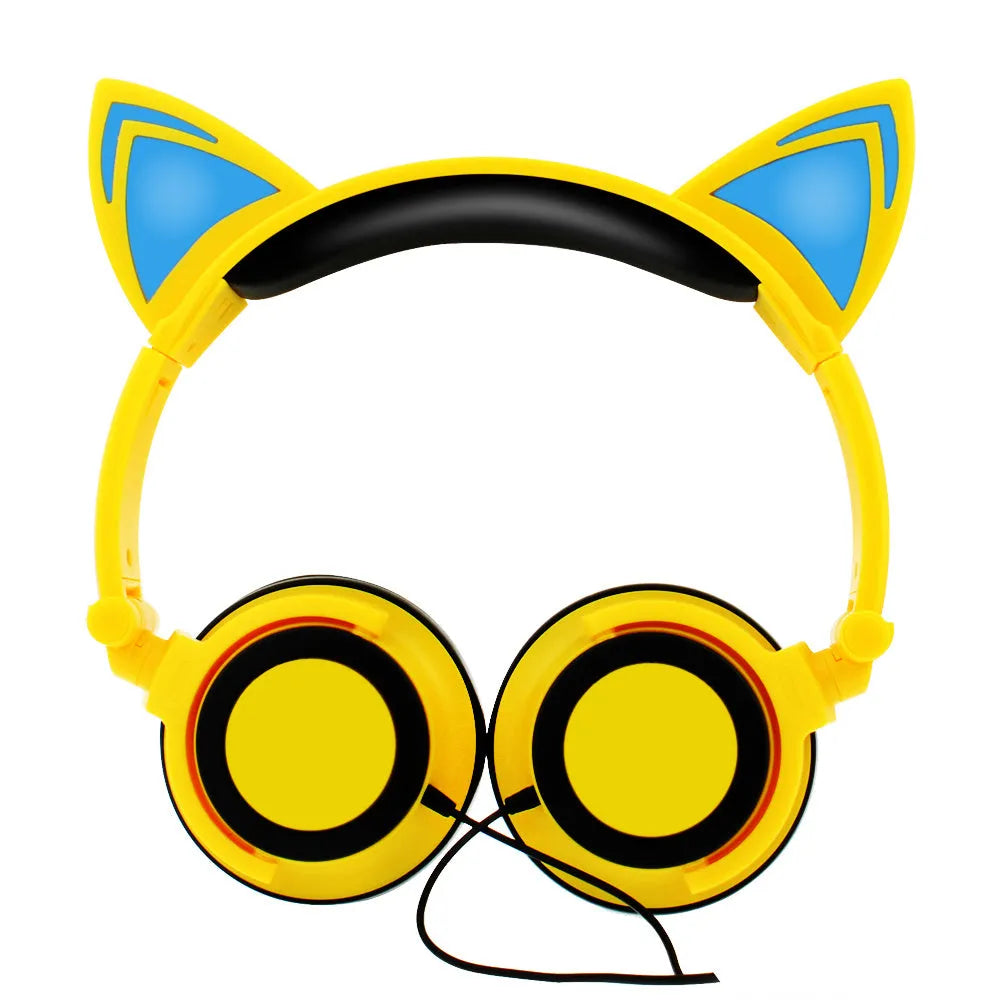 Colourful cat ear headphones with illuminated LED lights on the ears and ear cushions