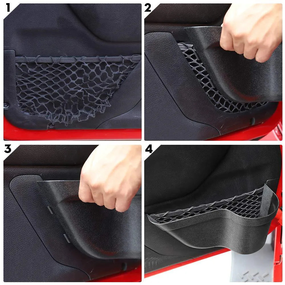 Black aluminium alloy car interior net pocket storage box with dual compartments
