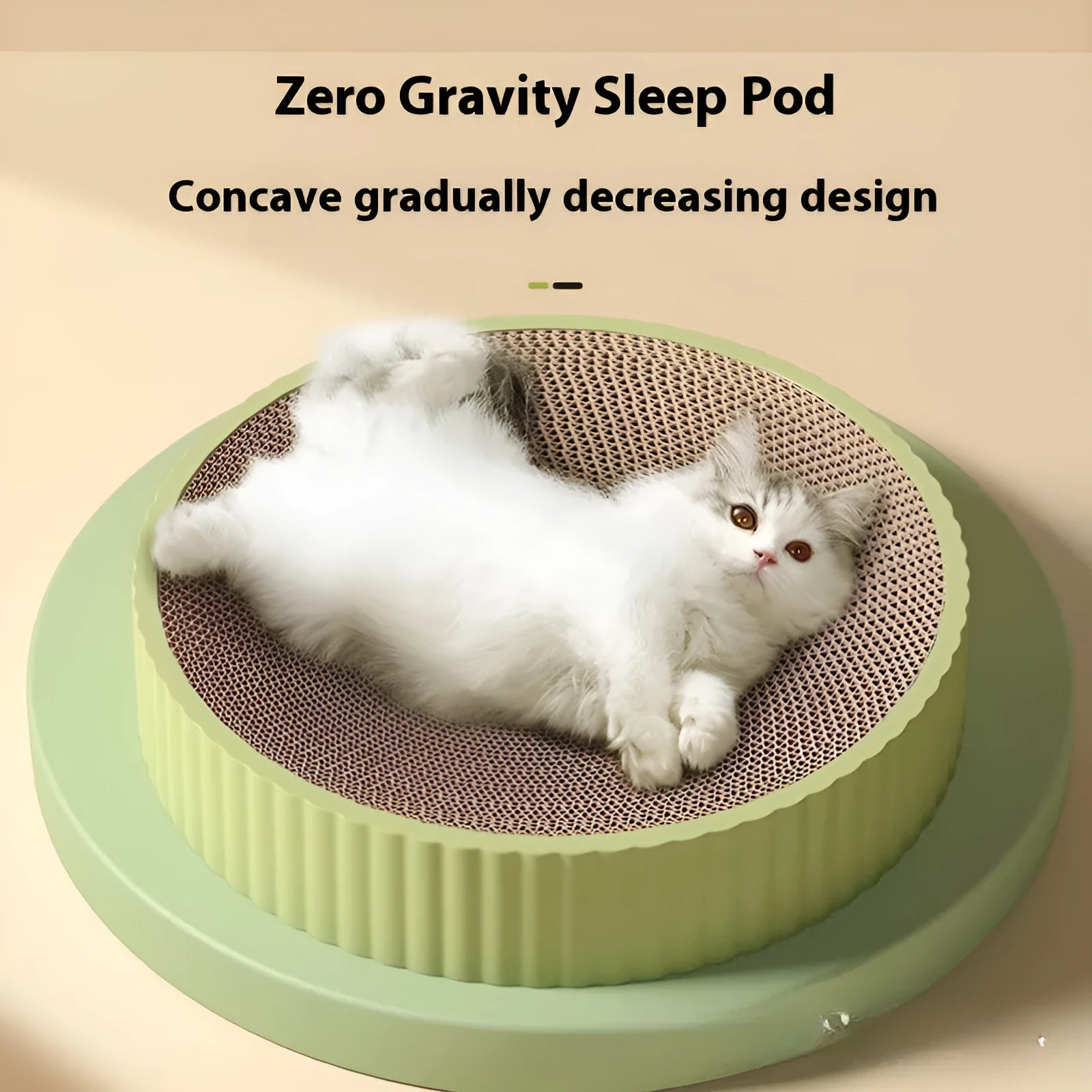Green and white round cat scratching board with corrugated paper centre measuring 55 cm diameter