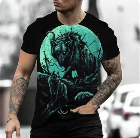 Retro 3D animal graphic printed on a men's grey short-sleeved T-shirt.