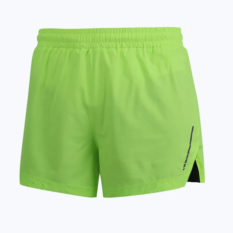 Men's quick-dry running shorts in grey, black, fluorescent green, and blue colours