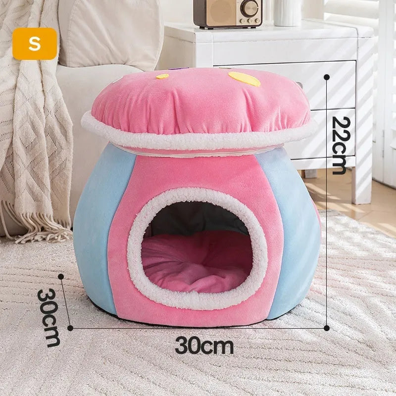 Grey mushroom-shaped plush cat bed with a detachable design and included blanket.