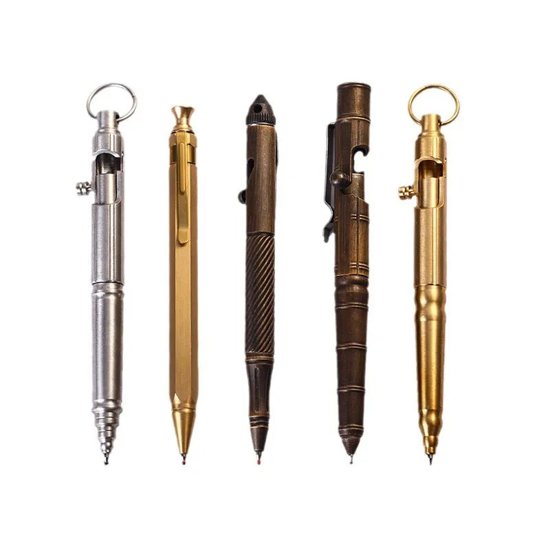 Retro brass tactical pen with press bolt-action mechanism and cylindrical metal barrel