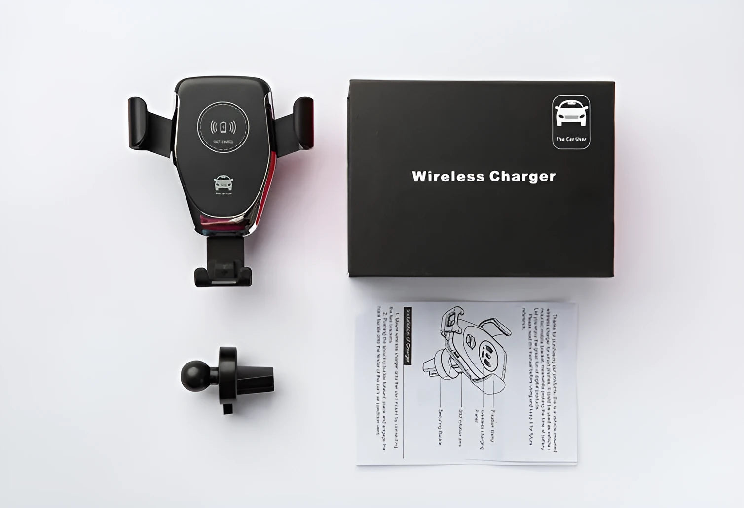 Black car wireless charger mounted on a vent, holding an iPhone with automatic clamping arms visible.