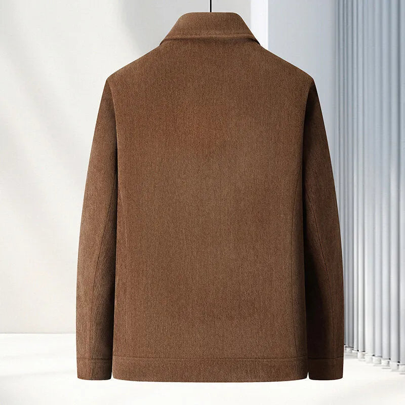 Men's slim fit lapel casual jacket in Vinylon fabric, shown in black, brown, caramel, or dark blue.
