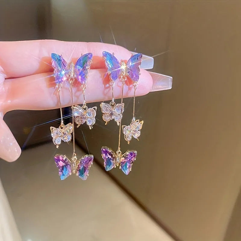 Silver needle crystal flowers butterfly tassel earrings in 33# silver needle-blue purple butterfly colour