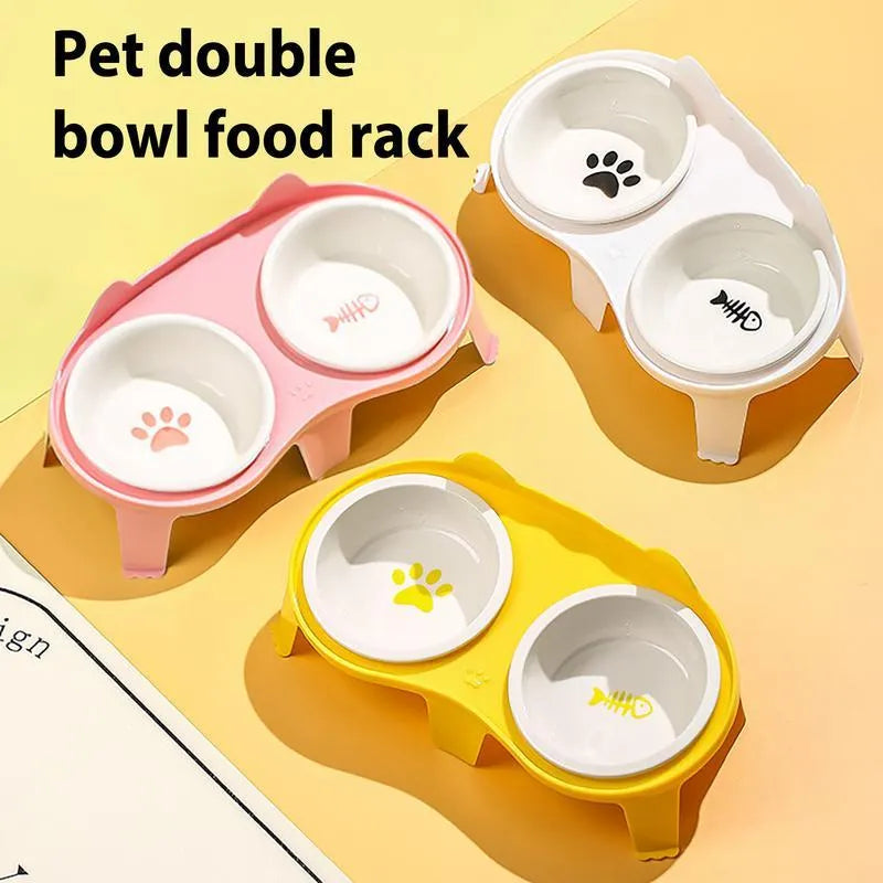Ceramic cat food and water bowl set with tilted elevated stand in blue colour option