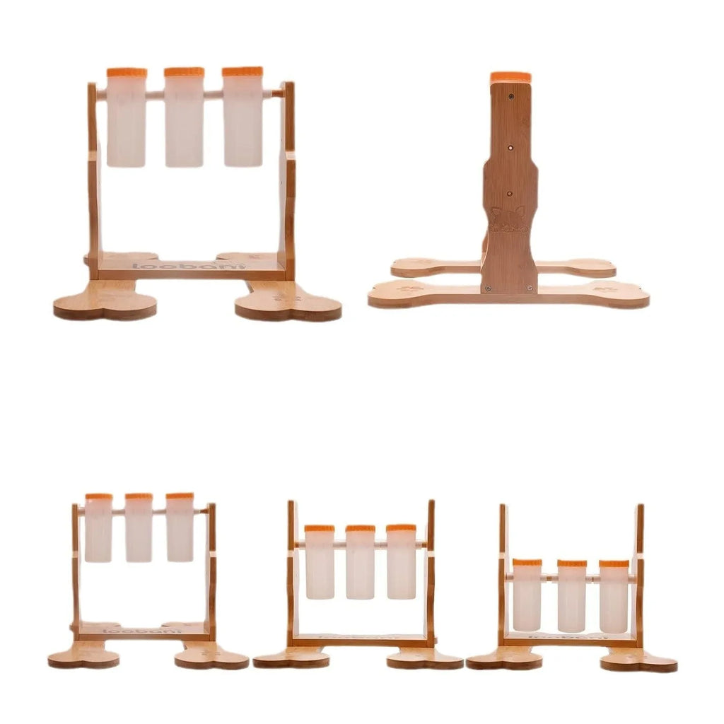Wooden dog puzzle toy snack dispenser feeder with treat compartments measuring 31x30x20cm