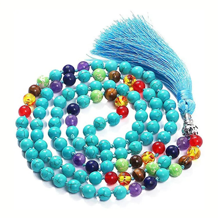 Geometric agate tassel necklace in a choice of ten colours including blue stone and amethyst, shown at full 95-100cm length.