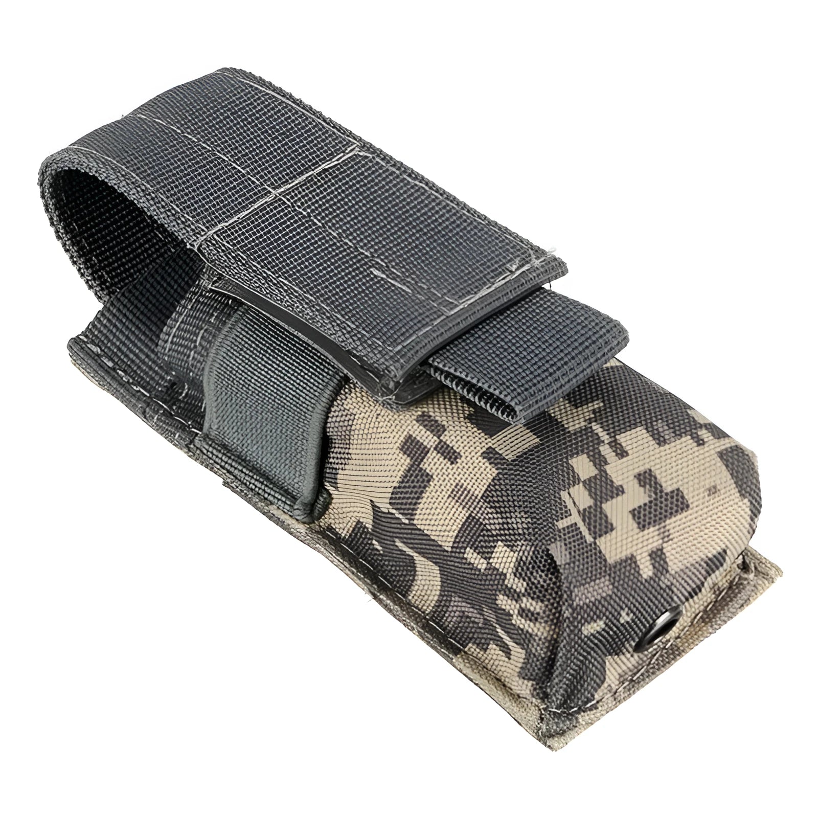 Black tactical molle waist bag for pistol cartridges or a small flashlight, showing elastic cord buckle.