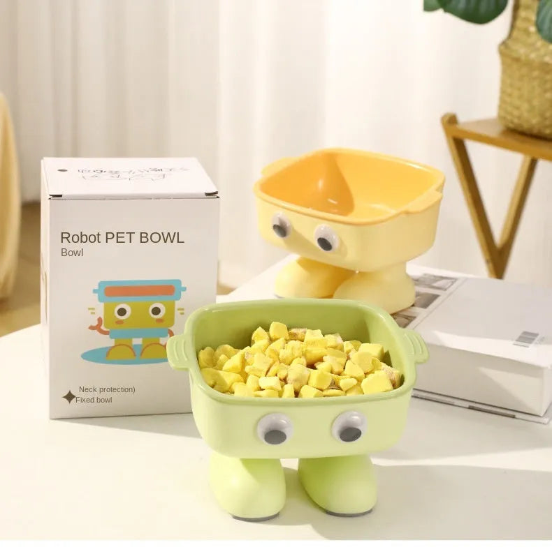 Robot-shaped elevated cat bowl with 15-degree tilt design in green colour