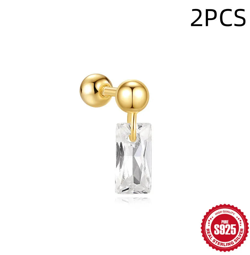 S925 sterling silver square gravel stud earrings with red flower design in golden electroplated finish