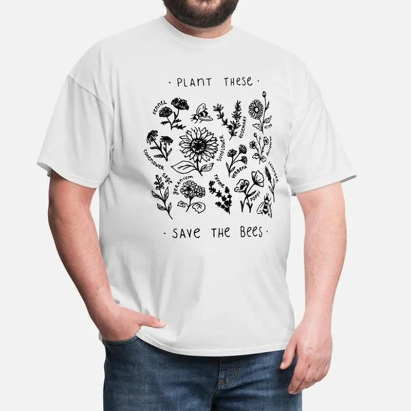 Woman wearing a white cotton Save The Bees t-shirt with a cartoon natural scenery print
