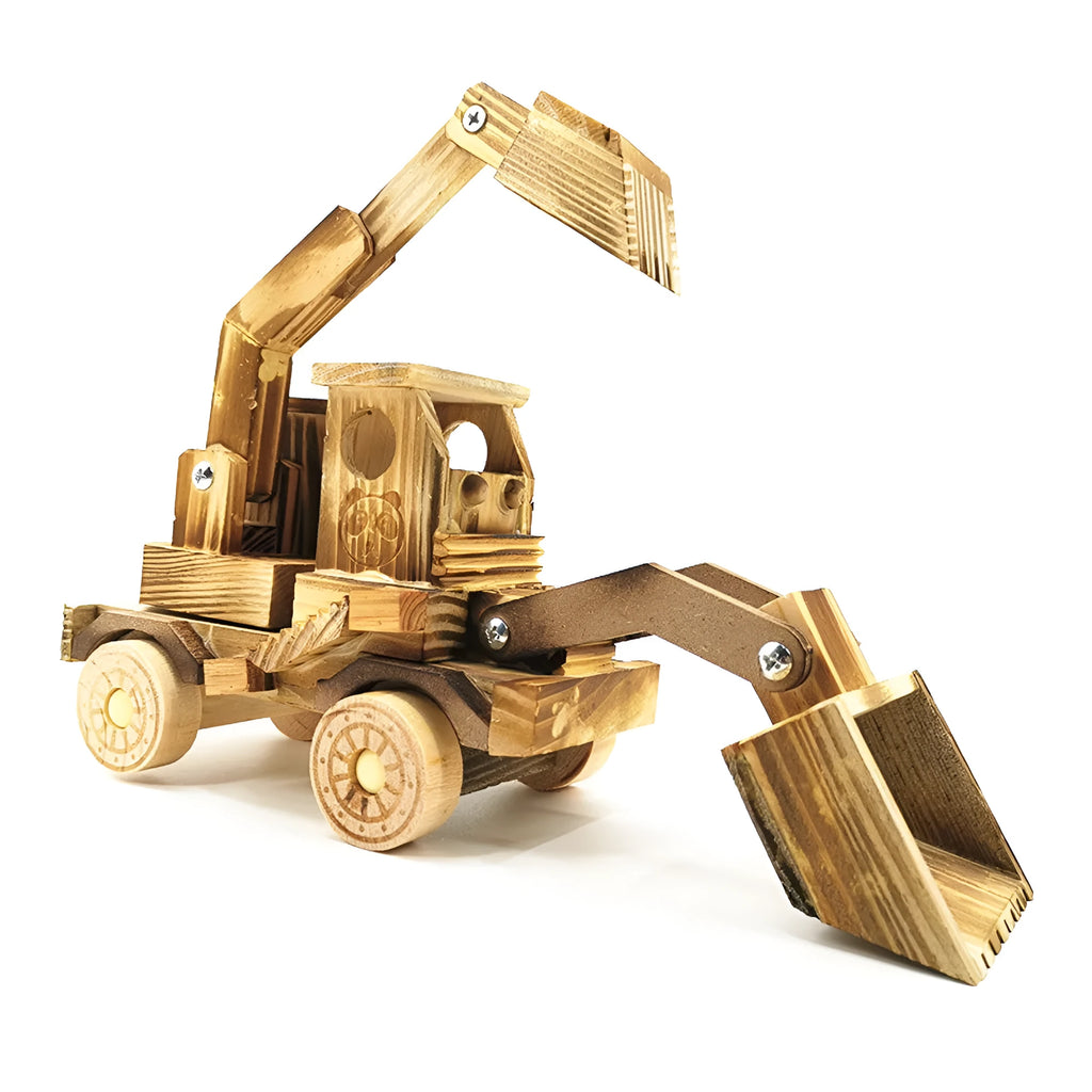 Brown wooden excavator model toy 30cm long rotating cab 1:800 scale children 4-6