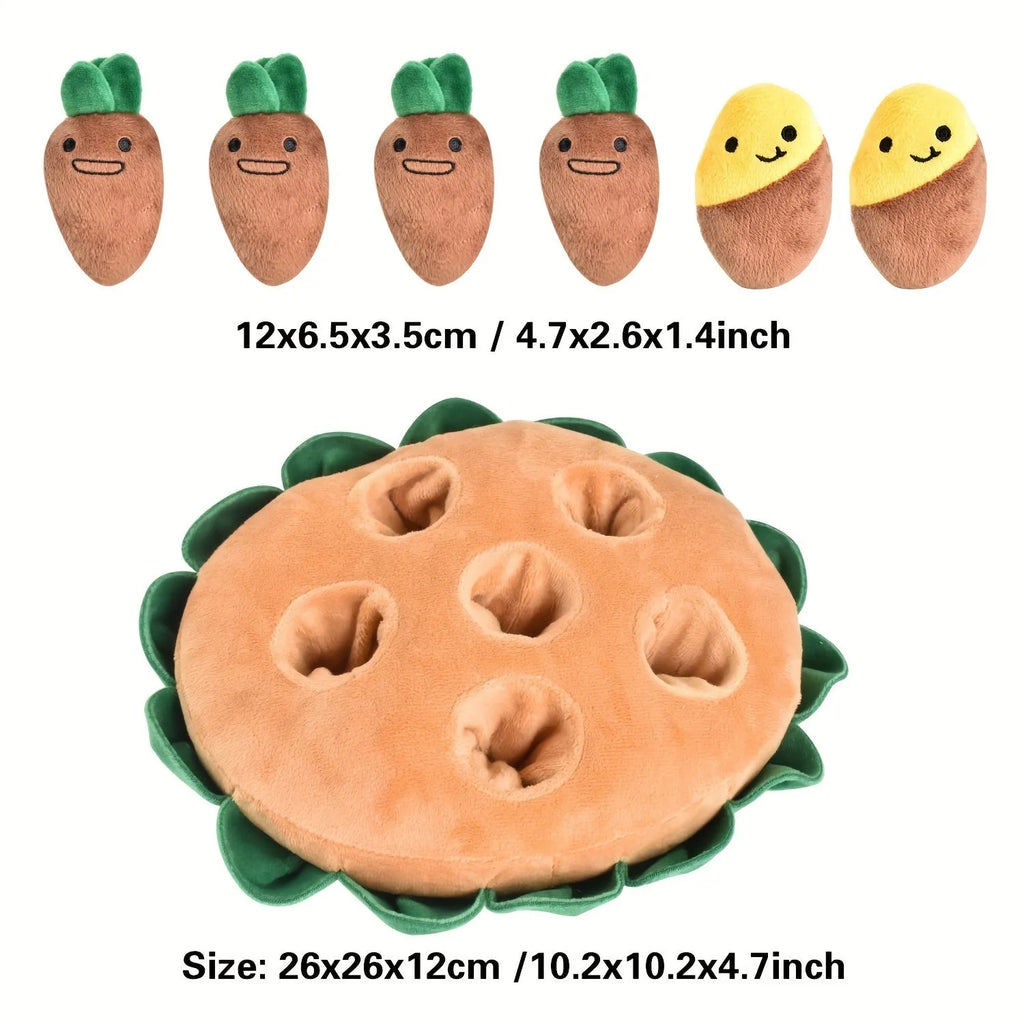 Yellow interactive dog puzzle toys with removable squeaky plush on durable polyester slow feeder play pads