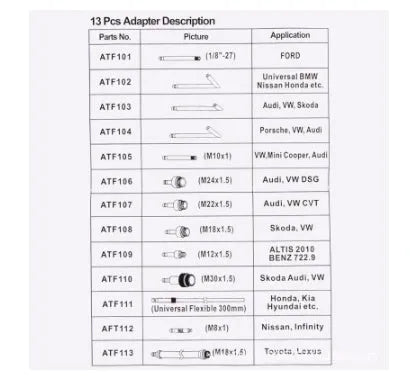 Transmission oil refuelling kit with 13 pieces including transmission injector tool for fluid transfer