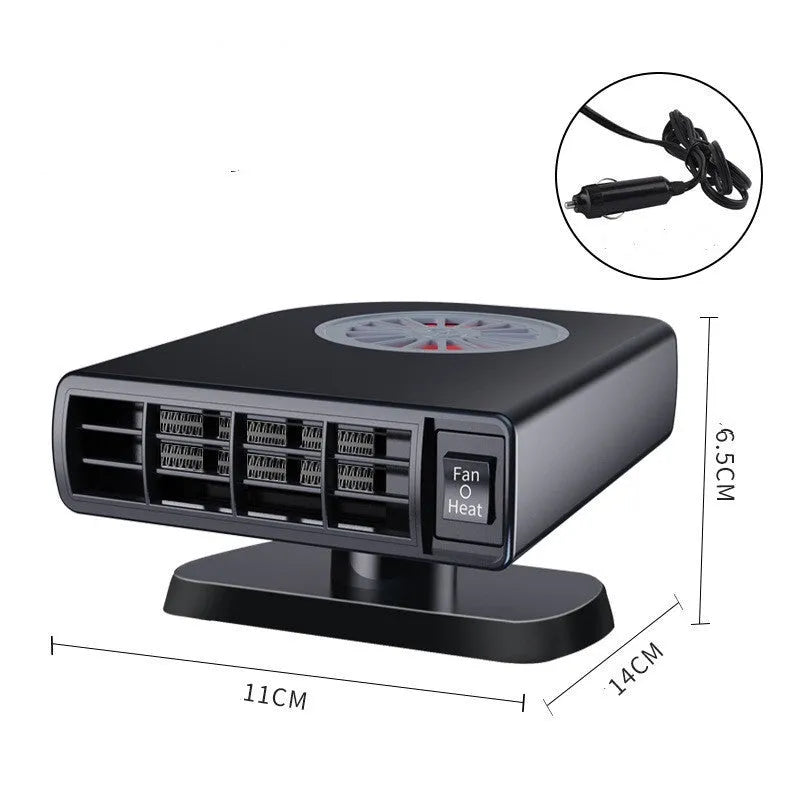 Black ABS plastic vehicle-mounted heater with adjustable vents, shown with double-sided adhesive mount.