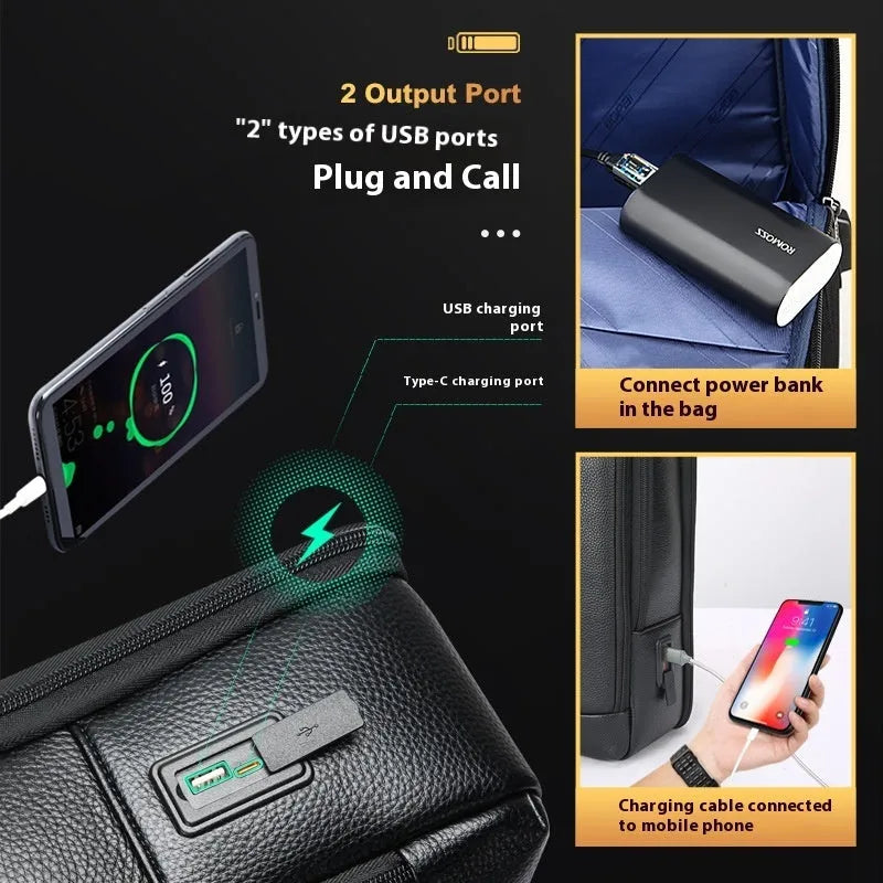 Black genuine cowhide leather business backpack with USB interface and curved shoulder straps