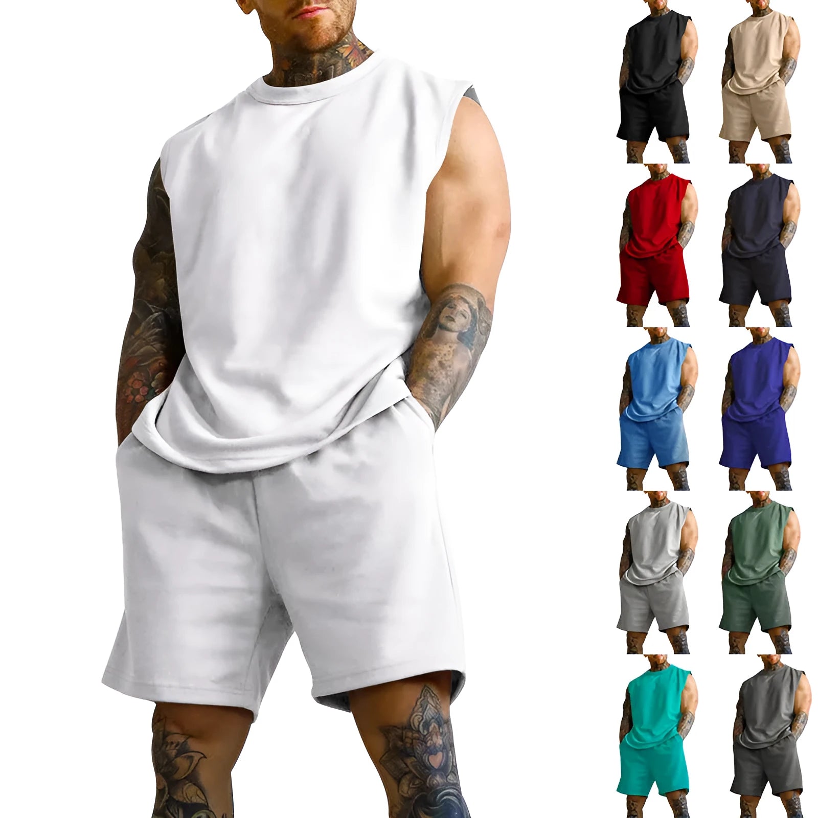 Men's sleeveless cotton blend sports top and matching shorts in solid colour options