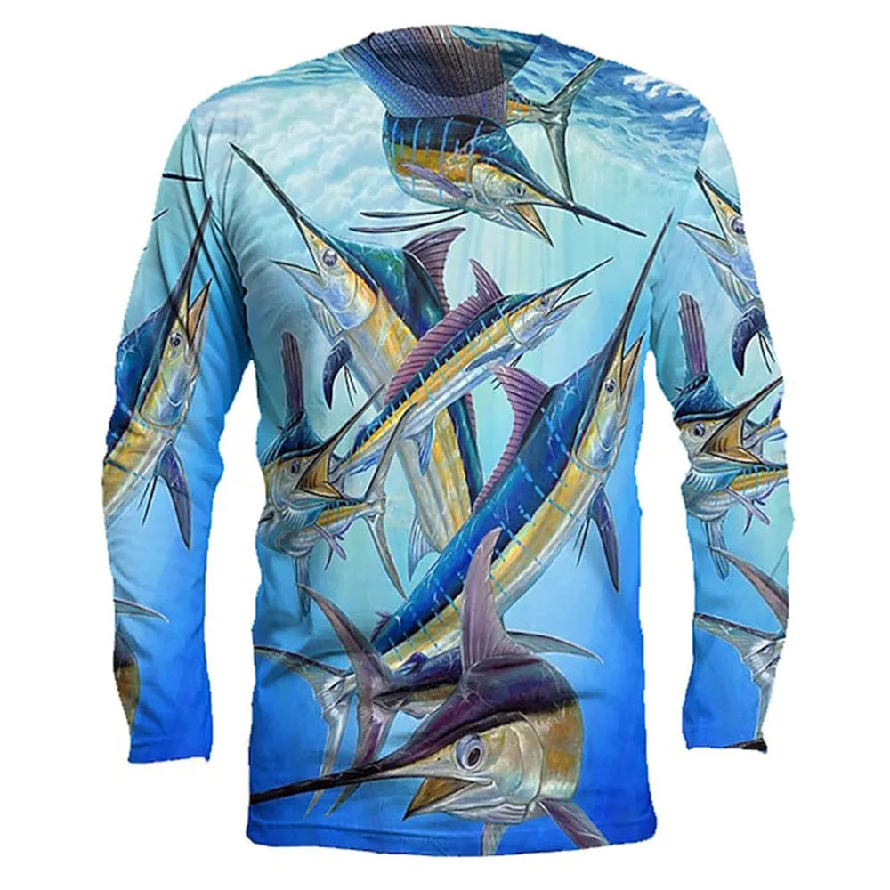 Man wearing a grey pullover with a detailed all-over blue fish print design, round neck, and long sleeves.