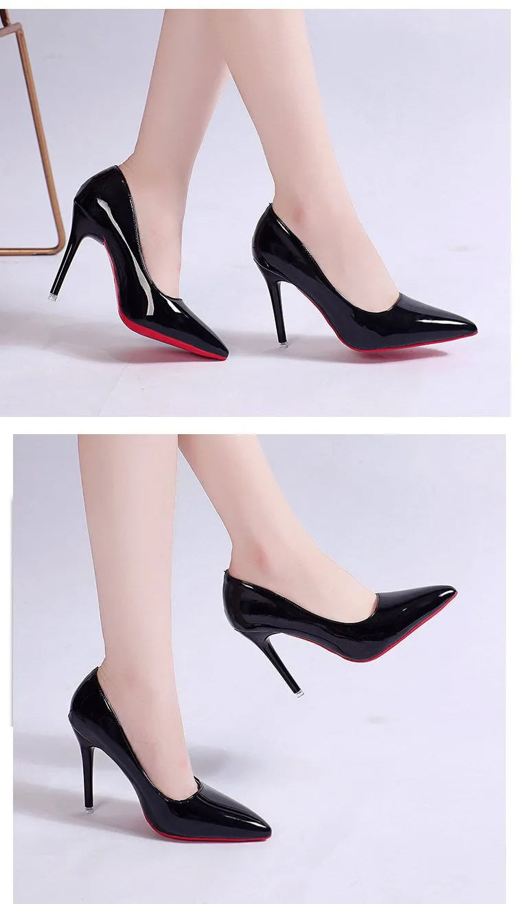 Women's solid colour stiletto heel pump with pointed toe and shallow mouth cut on a rubber sole.
