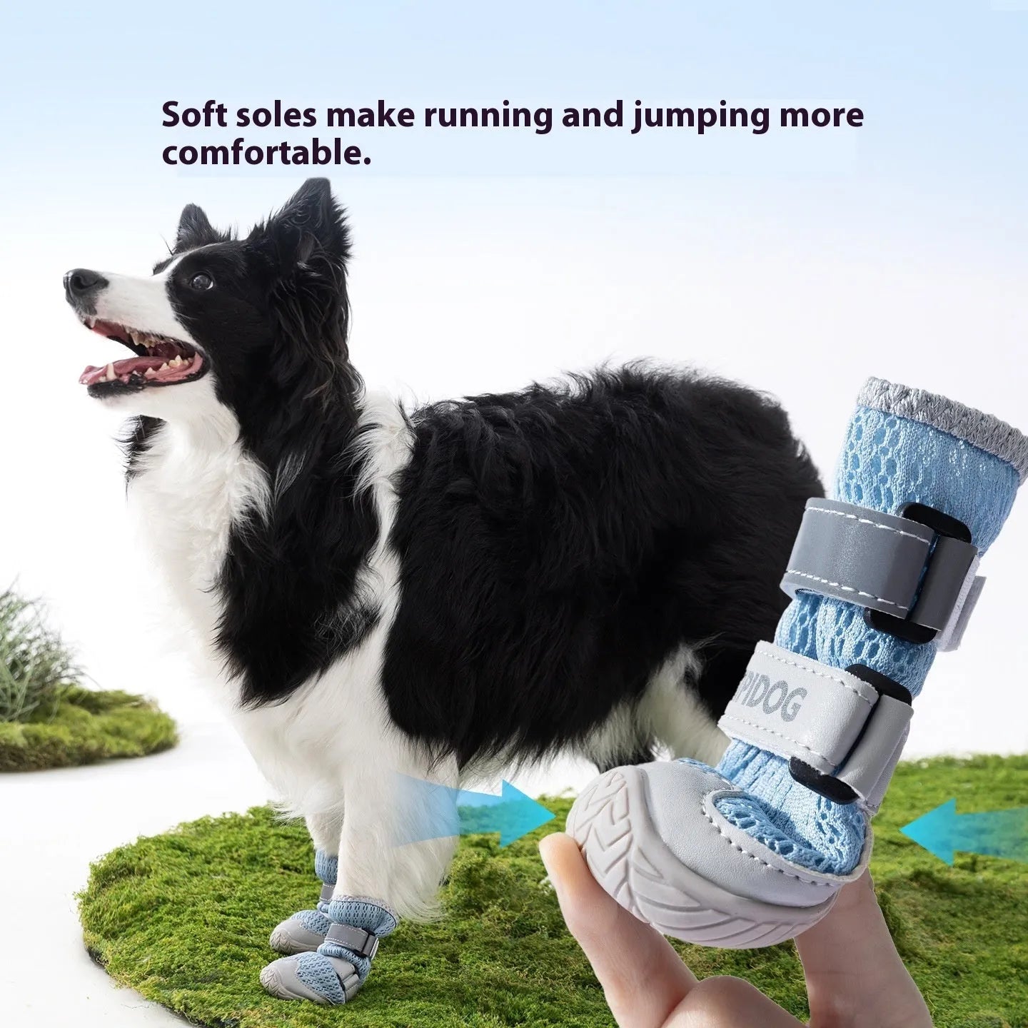 Cartoon-style summer dog shoes in Bondi blue colour showing breathable anti-scald design