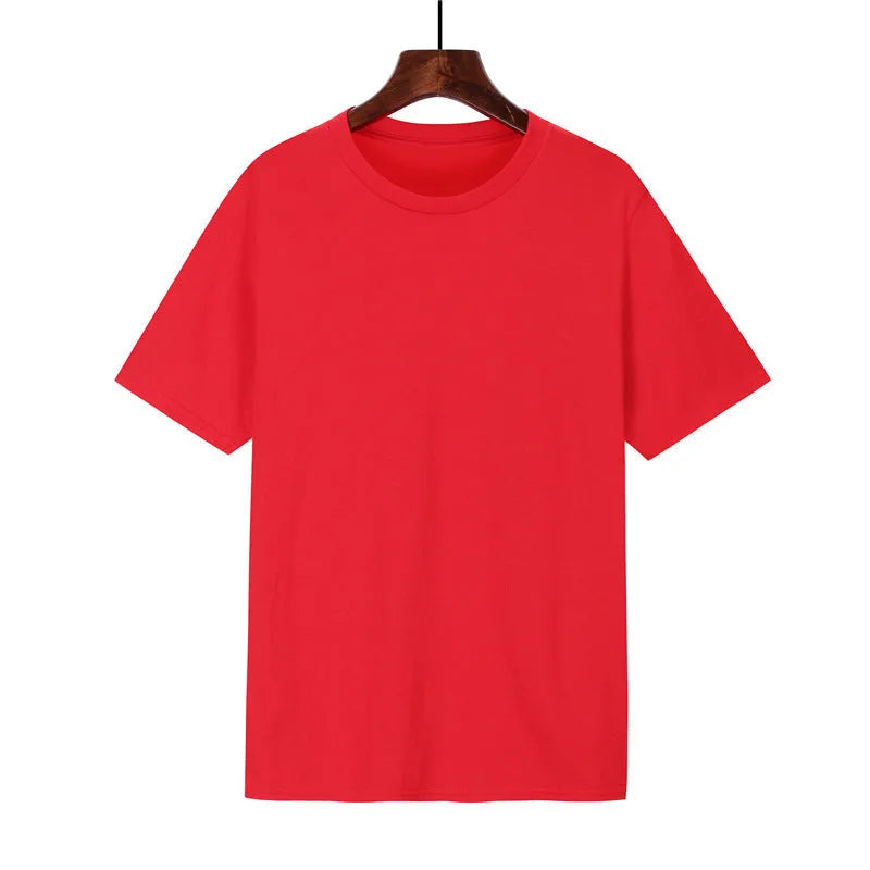 Men's loose fit black cotton t-shirt with short sleeves on a hanger.
