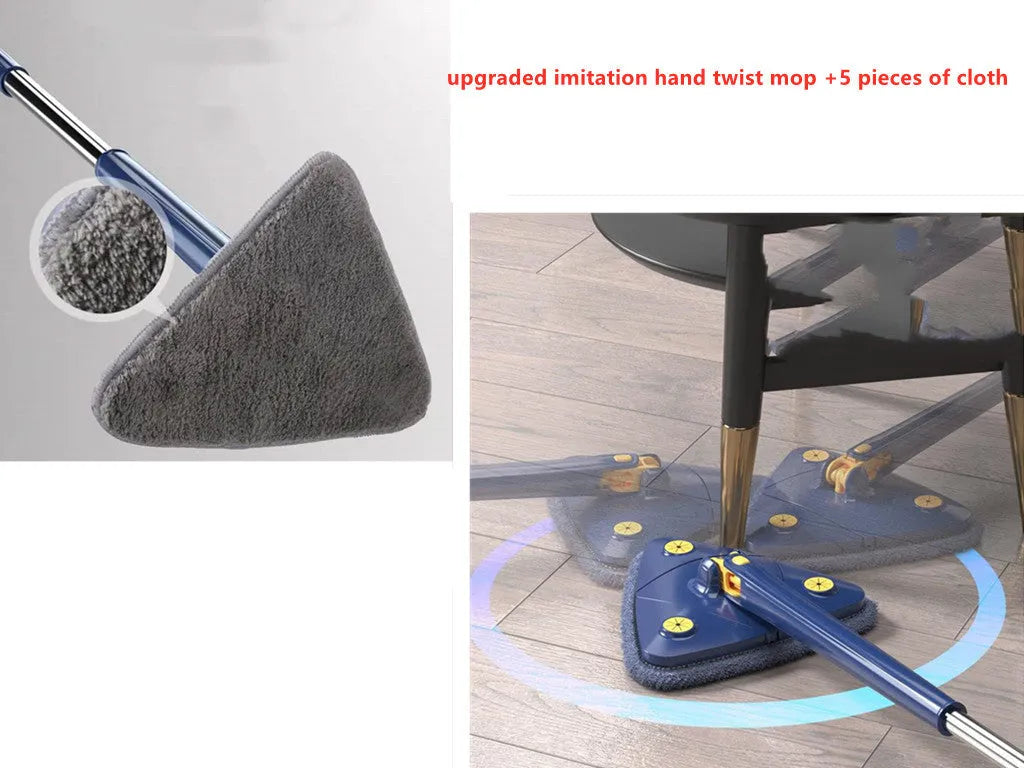 Blue triangle cleaning mop with extendable stainless steel pole and 360-degree rotating head