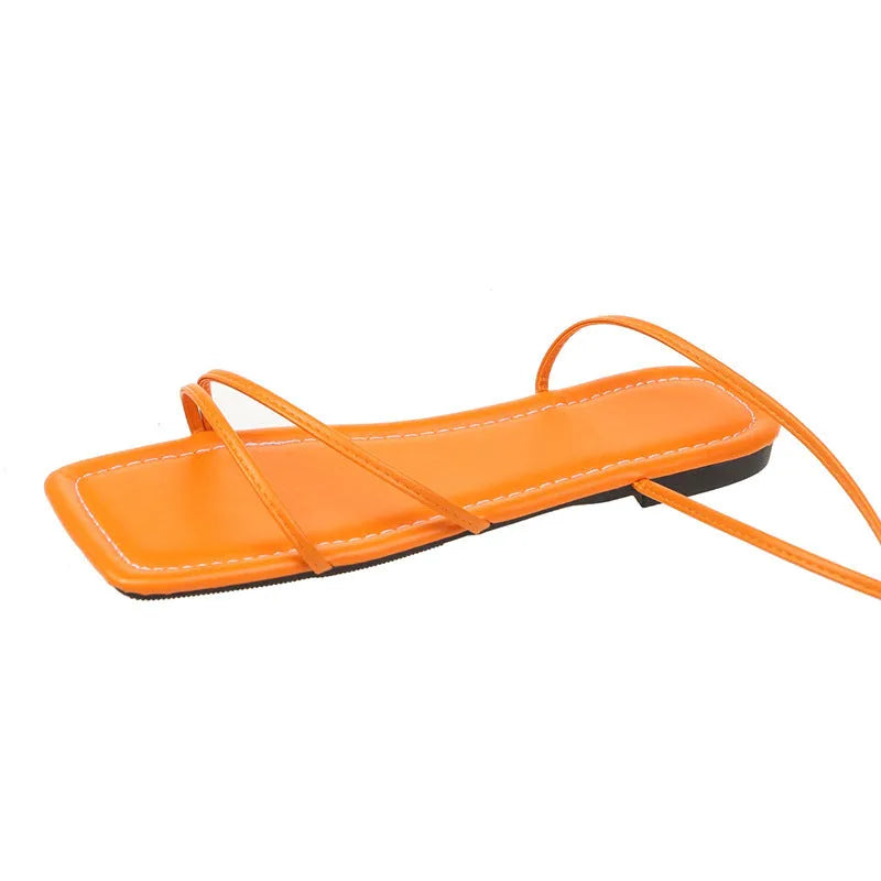 Women's ankle ring bandage cloth flat sandals with square toe and front lace-up closure