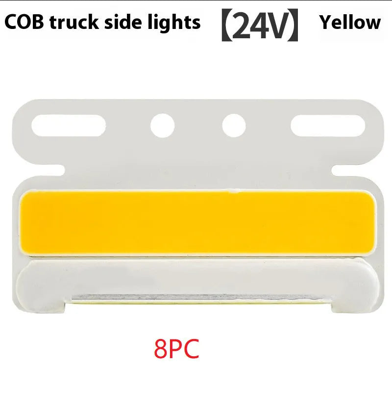 COB LED truck side light with grounded tyre light in aluminium alloy housing, shown in multiple colours.