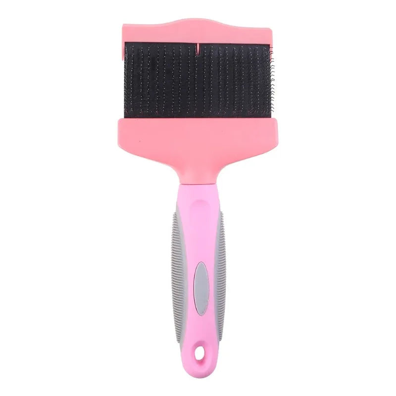 Double-sided pet brush showing stainless steel pins on one side and soft bristles on the other, with blue handle.