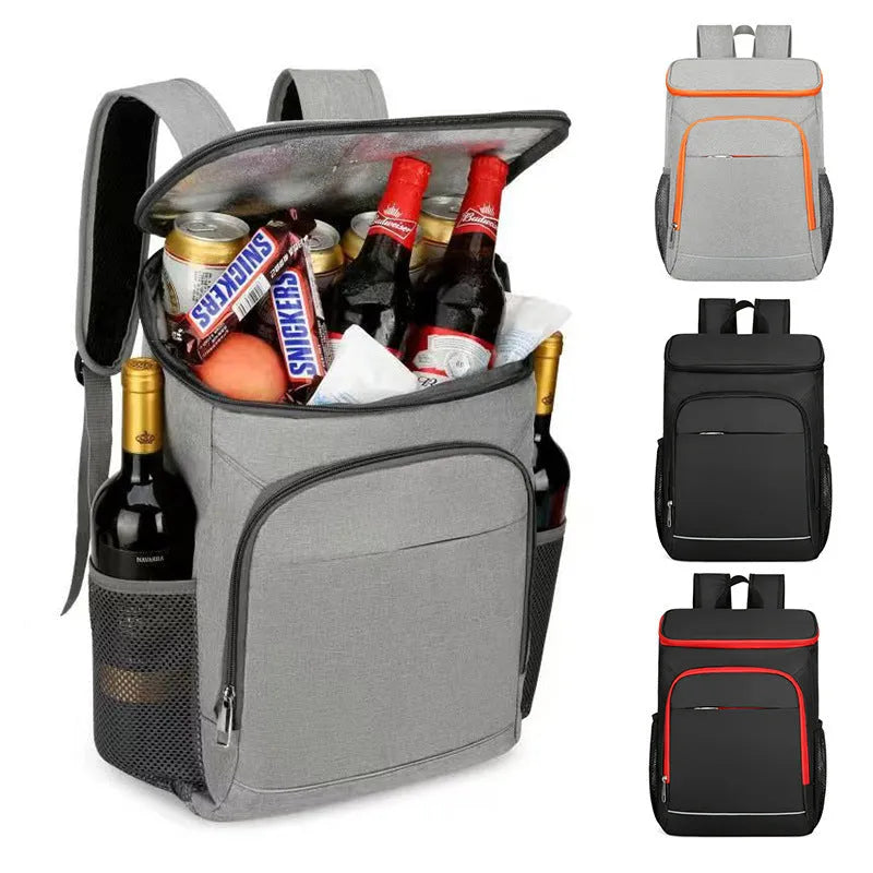 Large black outdoor backpack with thermal insulation function and curved shoulder straps for camping storage