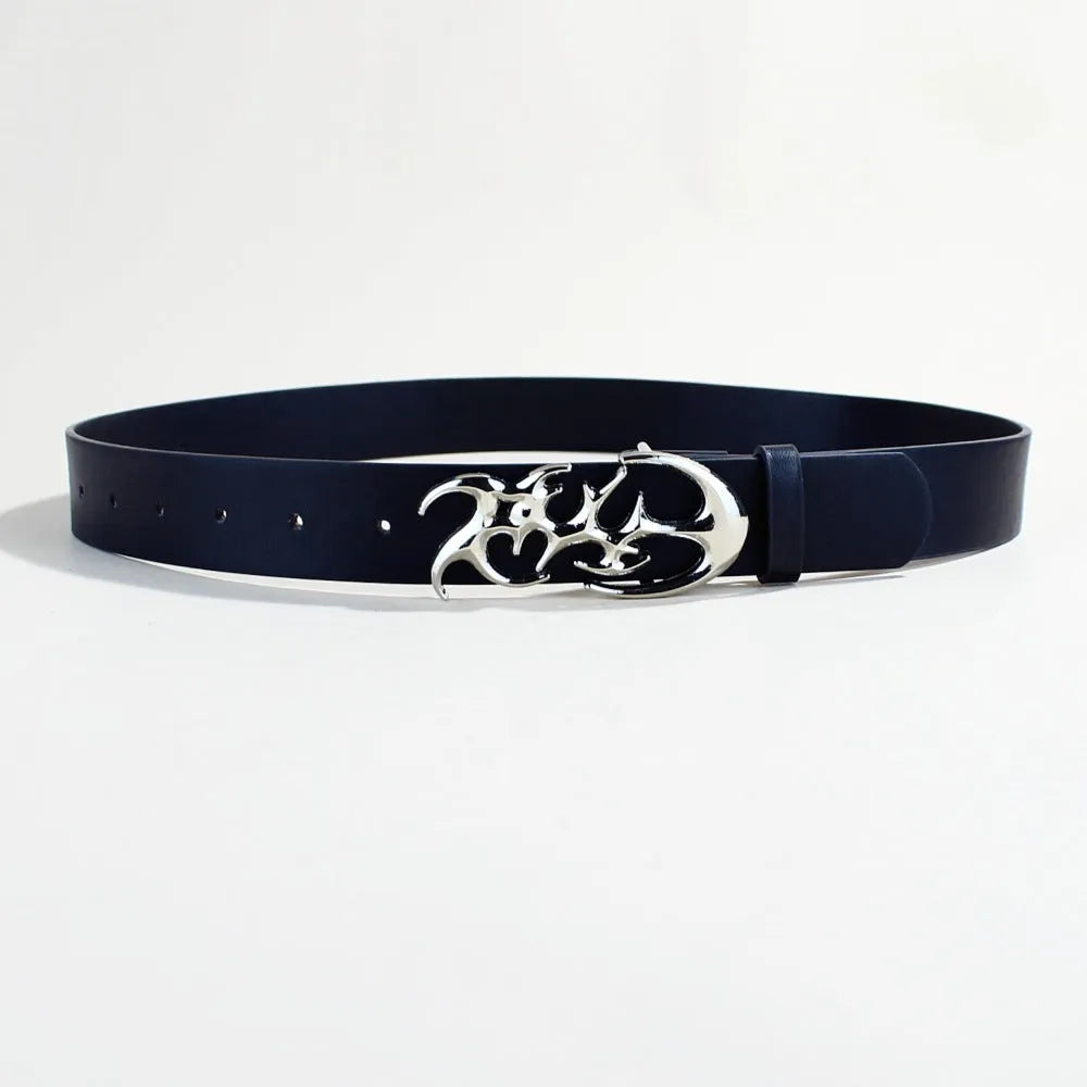 Silver alloy buckle on 3.3cm wide PU leather belt showing snap button fastening
