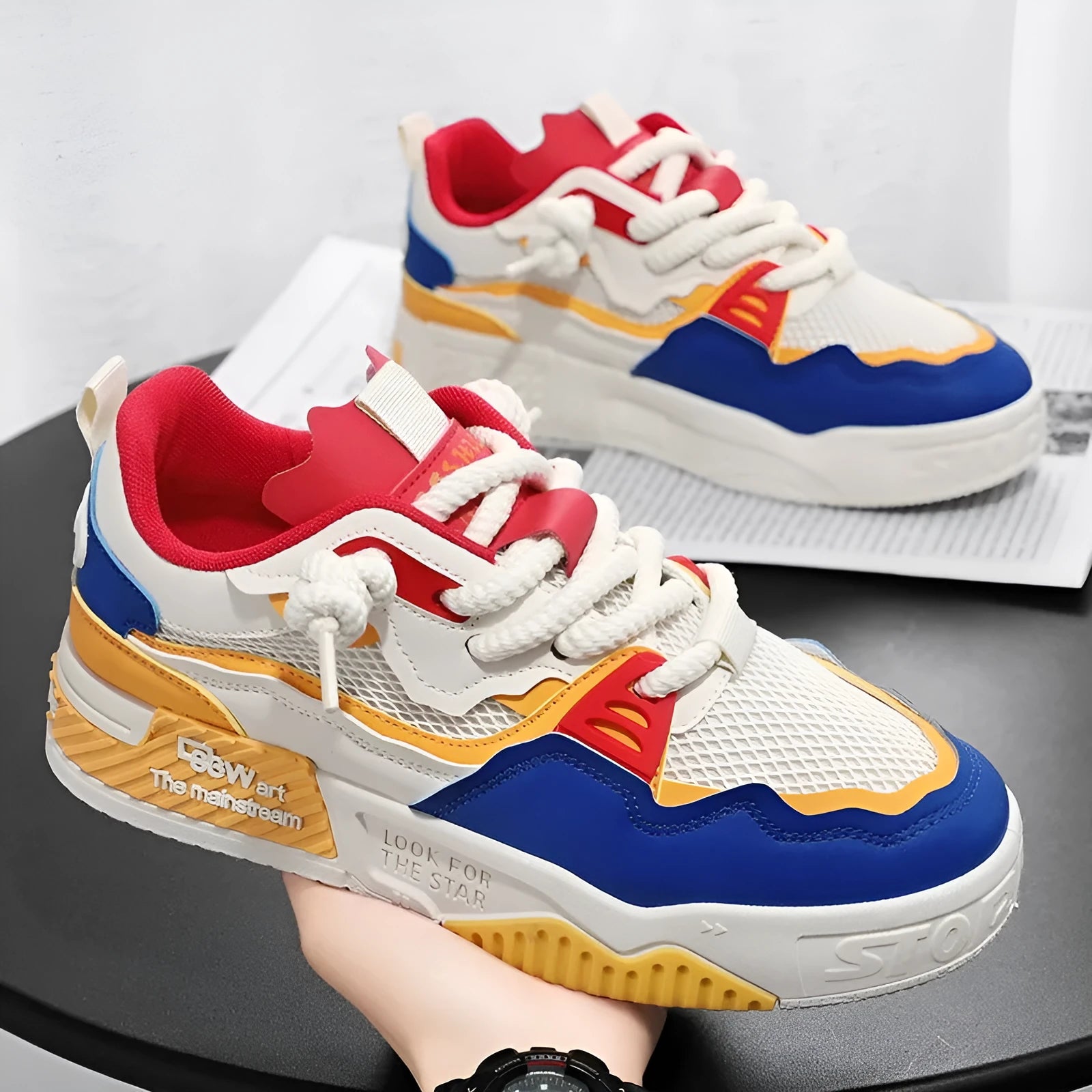 Men's low-top board shoes with soft rubber soles in beige, white and black, and white and yellow colour options