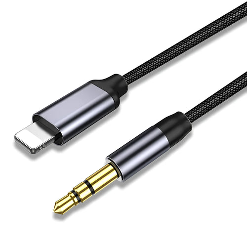 3.5mm nylon audio cable in silver and black, showing 0.5m, 1m, and 1.5m length options