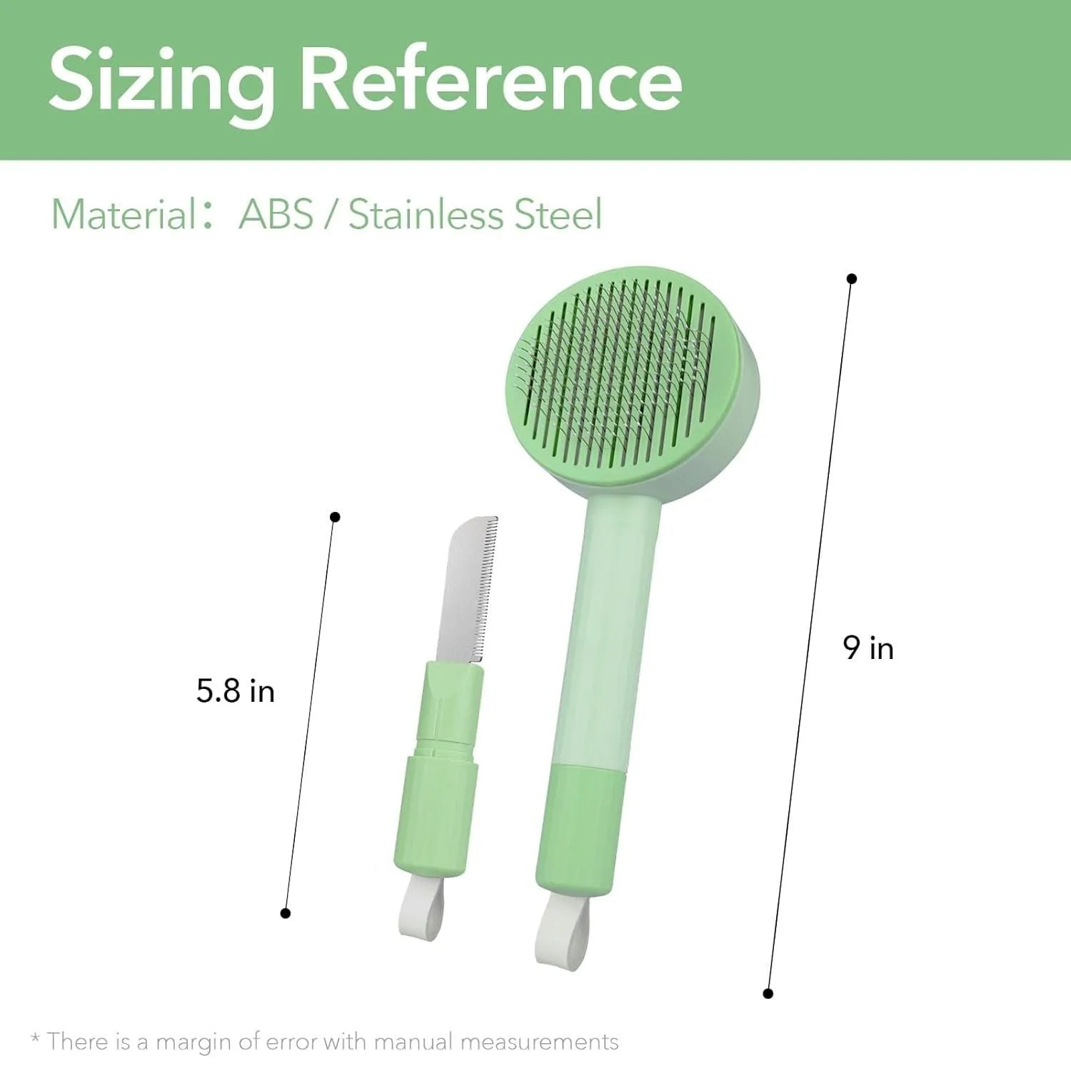 Green and yellow 2-in-1 pet grooming brush with curved teeth for long haired cats and shedding pets