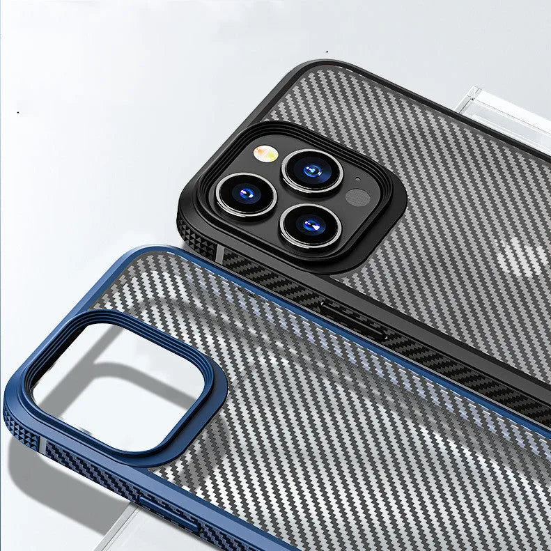 Black iPhone 13 protective case with carbon fibre pattern showing back cover design
