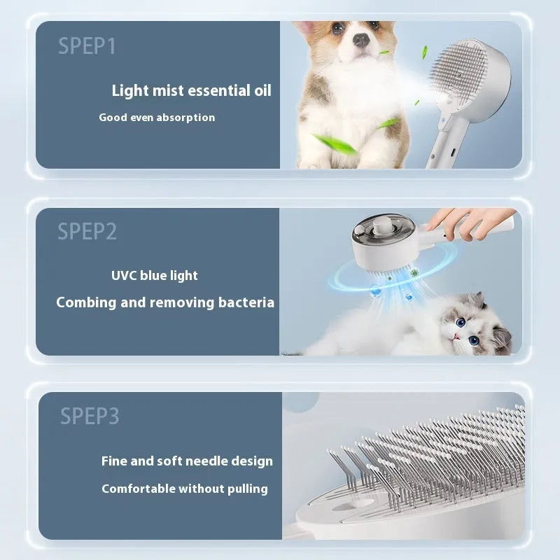 Ceramic white pet grooming brush with UVC blue light, mist spray nozzle, and fine needles for removing dog and cat hair.
